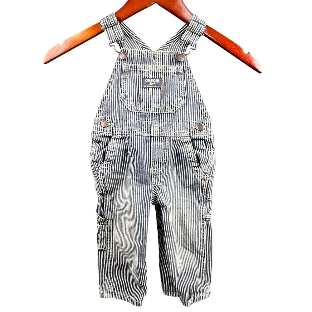 OshKosh Bgosh Kids 12M Blue Hickory Stripe Denim Bib‎ Overalls Vestbak 117415